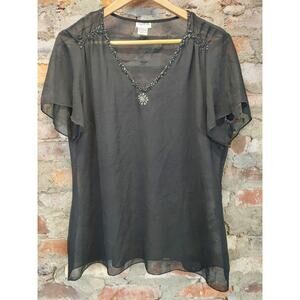 Together Womens Blouse Plus Size 18 Black Sheer Beaded Flutter Sleeve